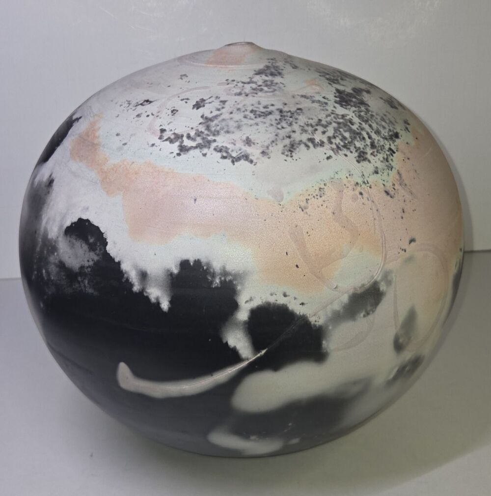 Ceramic Sphere Art Pottery Orb Signed Raku Round Sculpture Fire Pit Abstract